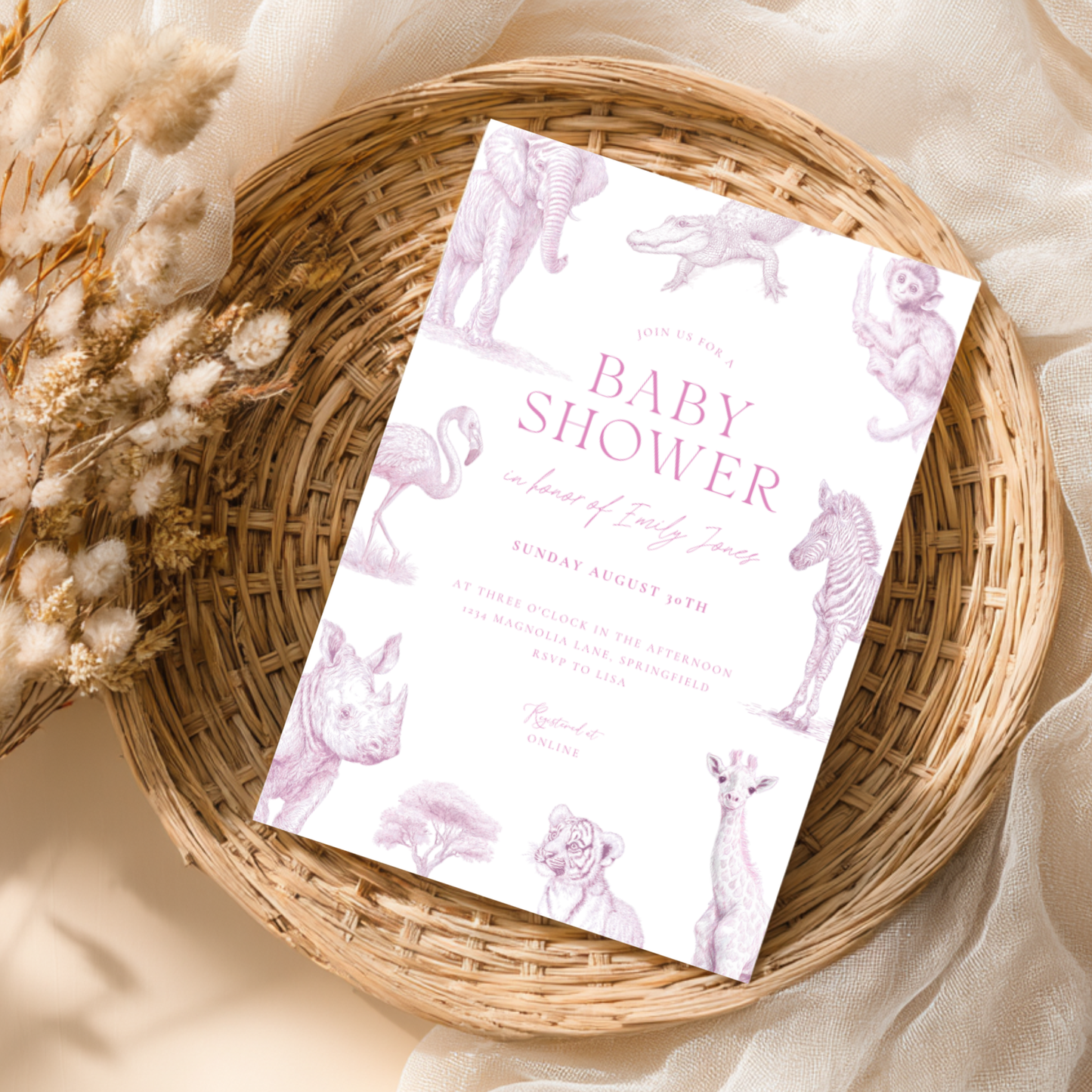 Baby Shower Invitation - Pink Safari Toile de Jouy with Animals Zebra Rhino Giraffe Elephant BS186