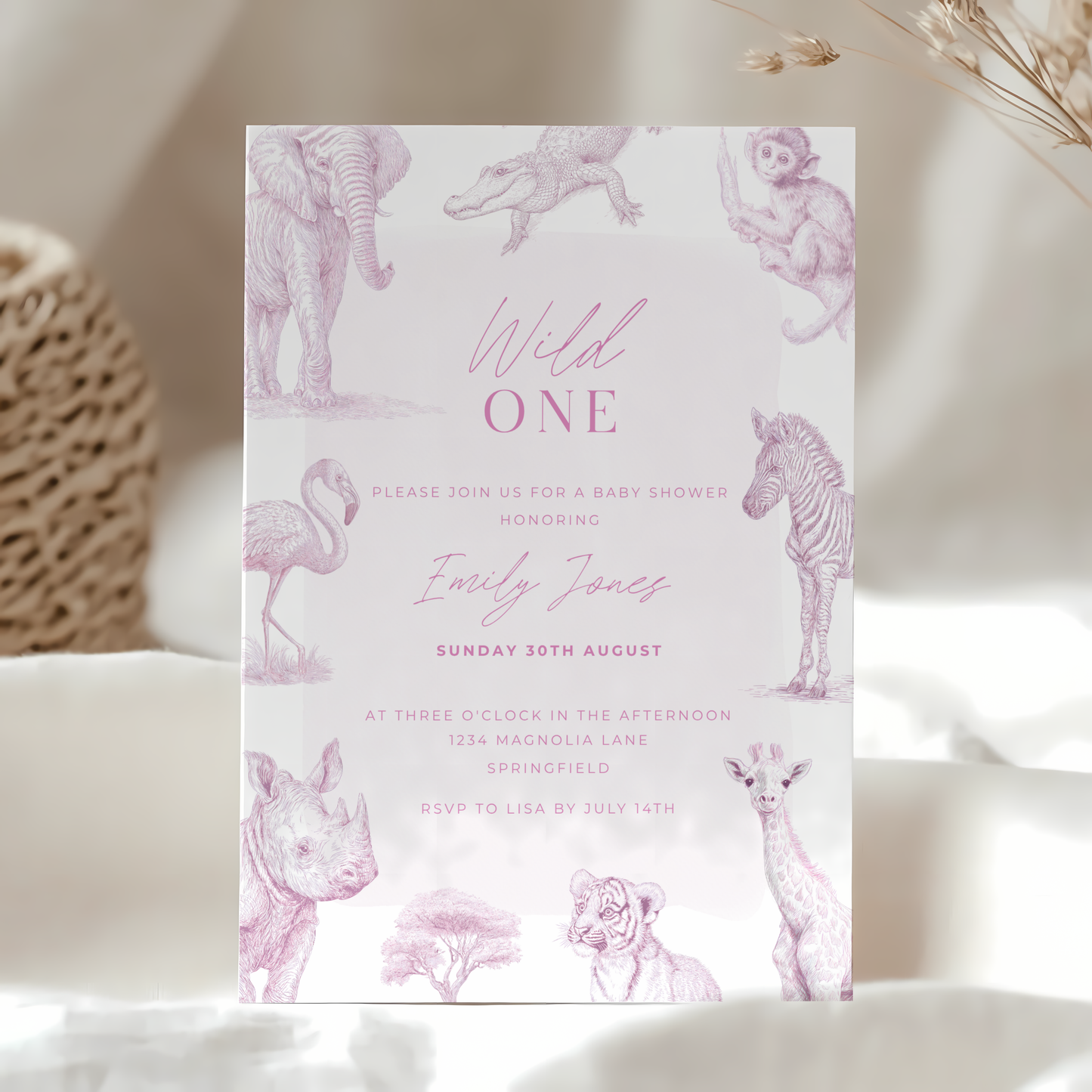 Baby Shower Invitation - Pink Safari Toile de Jouy with Animals Zebra Rhino Giraffe Elephant BS186