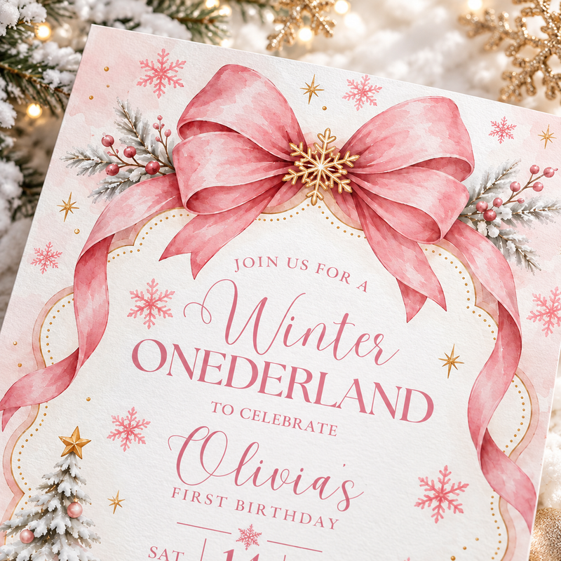 Pink Winter ONEderland First Birthday Invitation L186