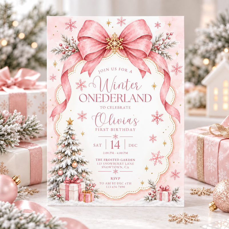 Pink Winter ONEderland First Birthday Invitation L186