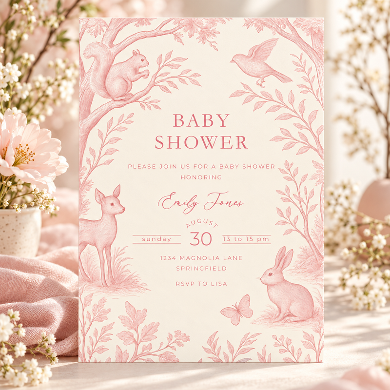 Pink Woodland Toile Baby Shower Invitation BS255