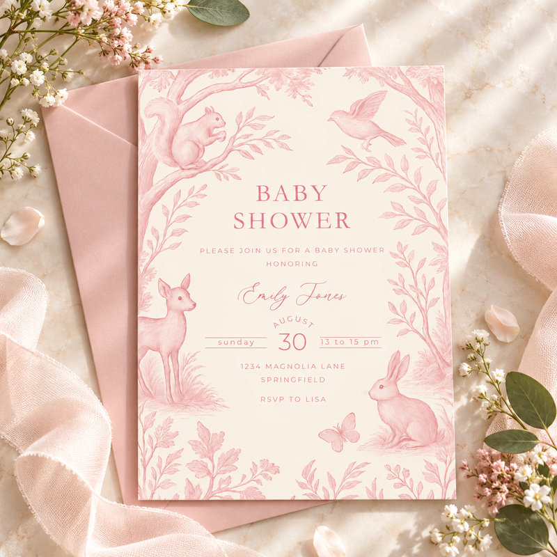 Pink Woodland Toile Baby Shower Invitation BS255