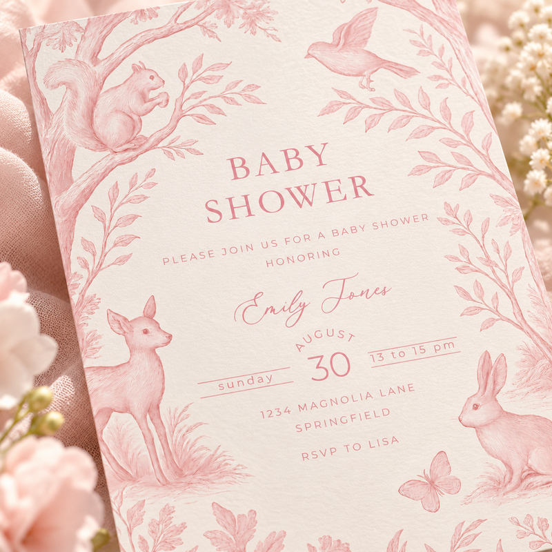 Pink Woodland Toile Baby Shower Invitation BS255