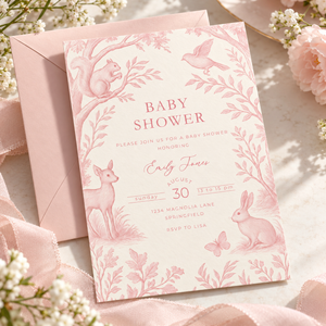Pink Woodland Toile Baby Shower Invitation BS255