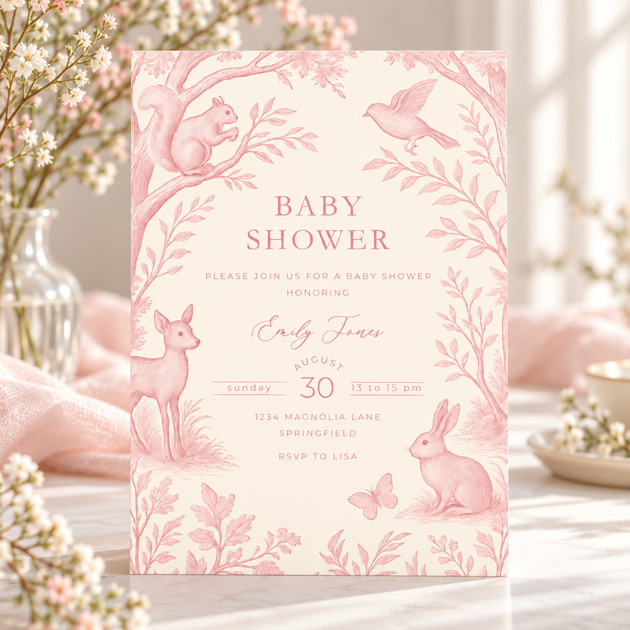 Pink Woodland Toile Baby Shower Invitation BS255