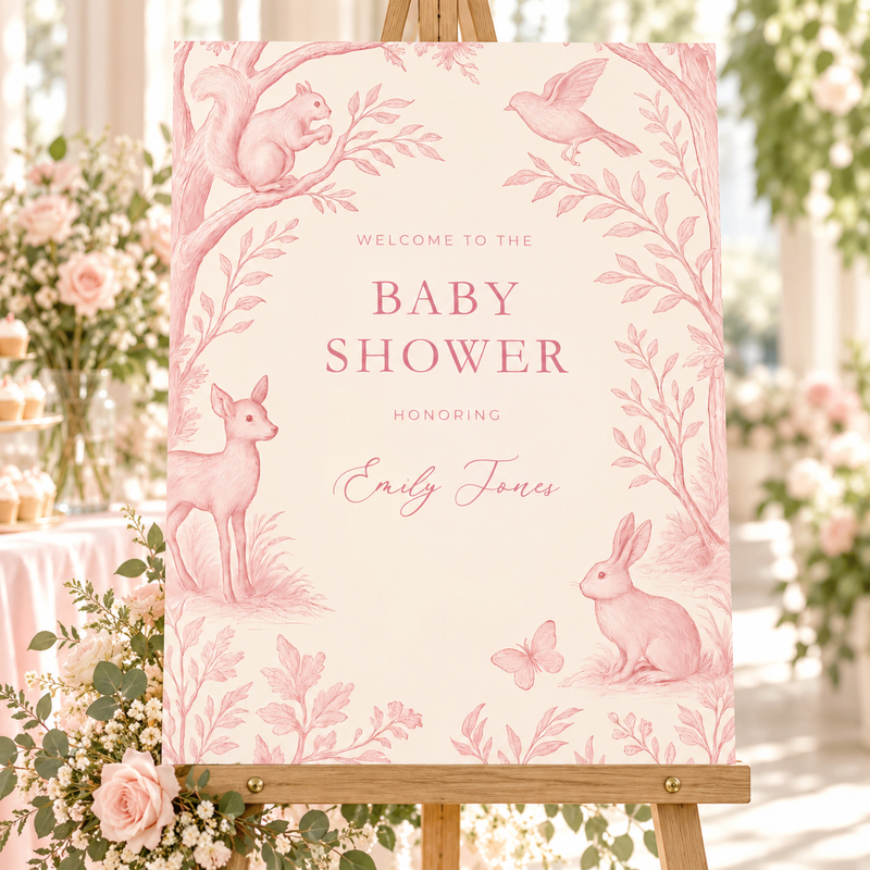 Pink Woodland Toile Baby Shower Welcome Sign BS255
