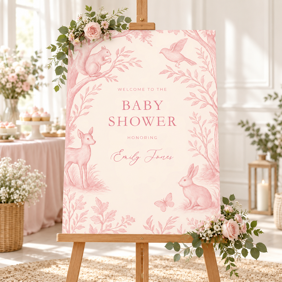 Pink Woodland Toile Baby Shower Welcome Sign BS255