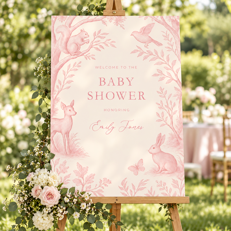Pink Woodland Toile Baby Shower Welcome Sign BS255