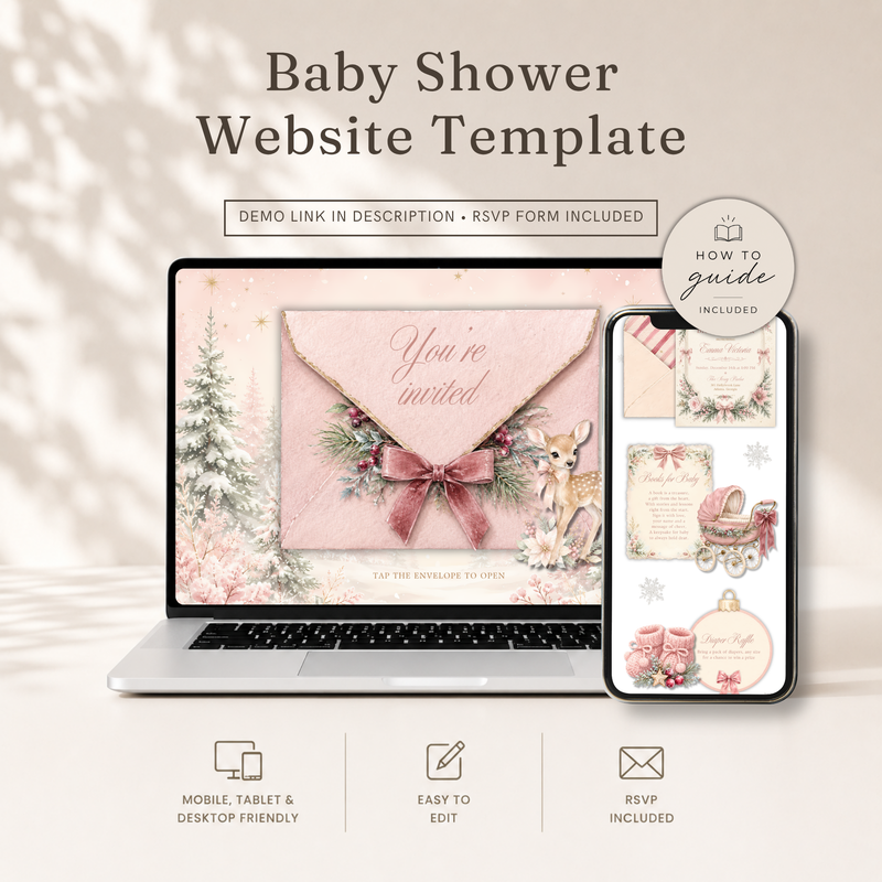 Pink Christmas Baby Shower Website Invitation with RSVP BS325