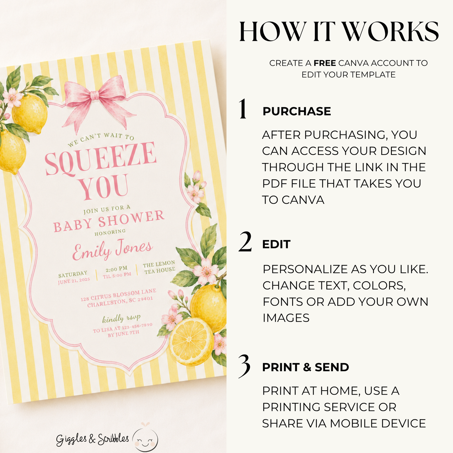Pink Lemon Baby Shower Invitation - We Can't Wait To Squeeze You BS314