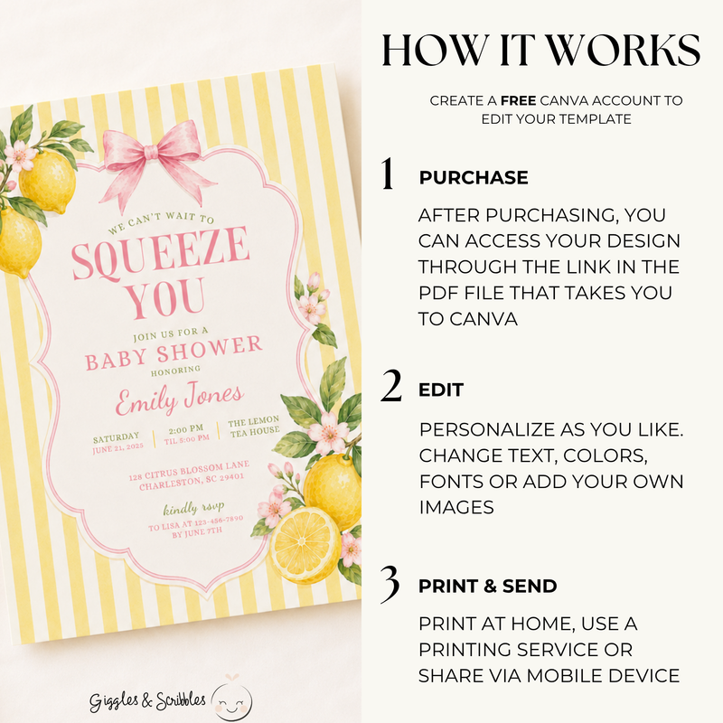 Pink Lemon Baby Shower Invitation - We Can't Wait To Squeeze You BS314