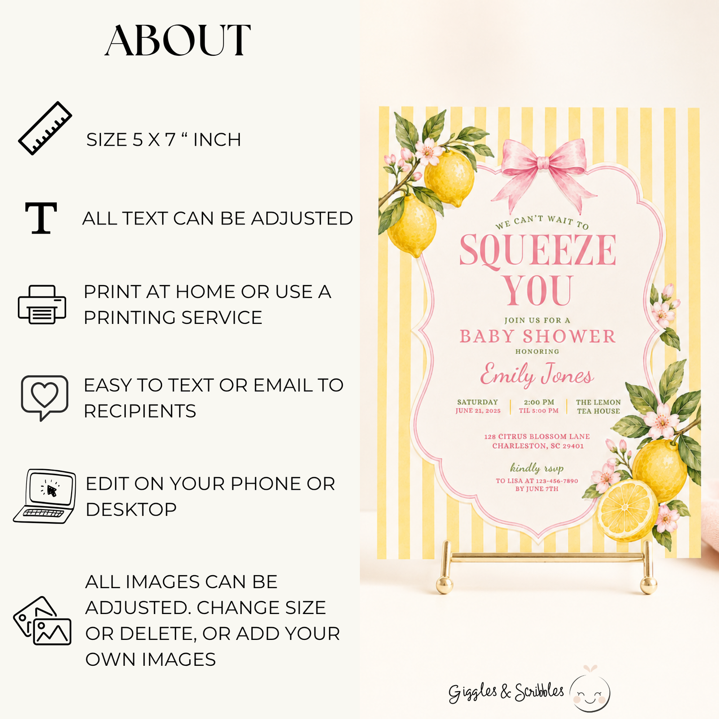 Pink Lemon Baby Shower Invitation - We Can't Wait To Squeeze You BS314