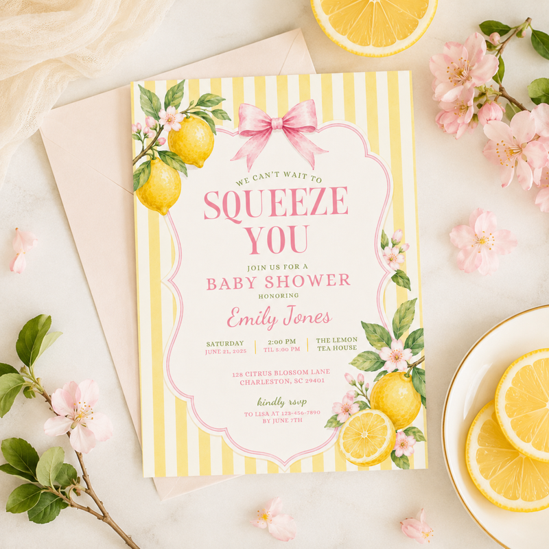 Pink Lemon Baby Shower Invitation - We Can't Wait To Squeeze You BS314