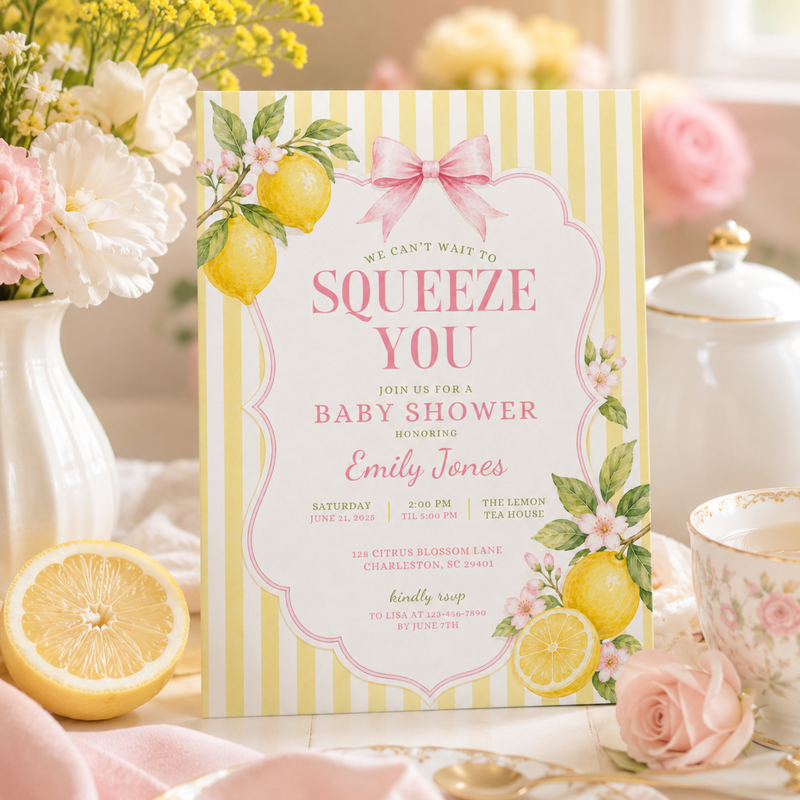 Pink Lemon Baby Shower Invitation - We Can't Wait To Squeeze You BS314