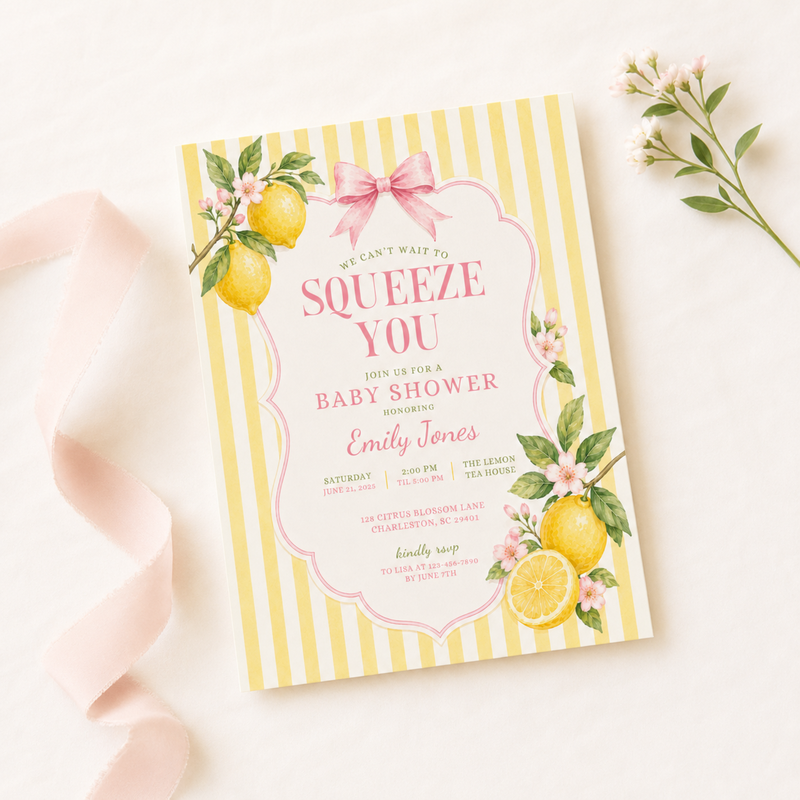 Pink Lemon Baby Shower Invitation - We Can't Wait To Squeeze You BS314