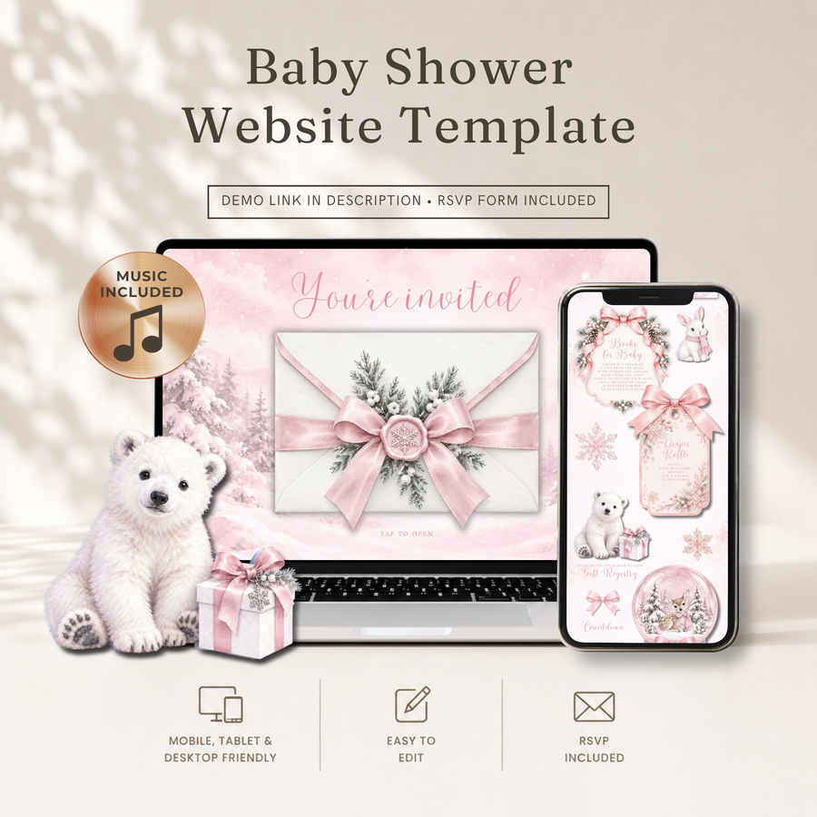 Pink Snowflake Baby Shower Website Invitation with RSVP BS337