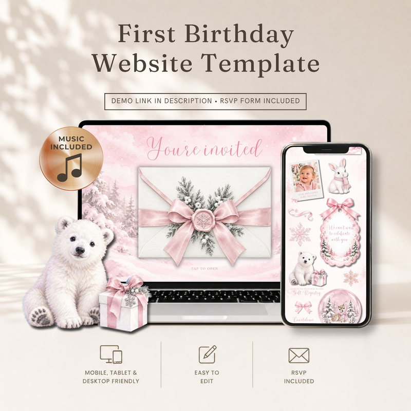 Pink Winter Onederland First Birthday Website Invitation with RSVP L185