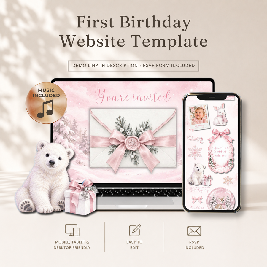 Pink Winter Onederland First Birthday Website Invitation with RSVP L185