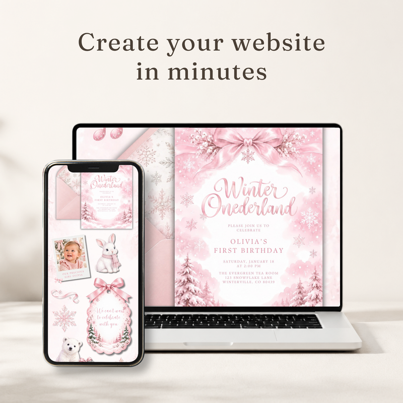Pink Winter Onederland First Birthday Website Invitation with RSVP L185