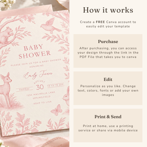 Pink Woodland Toile Baby Shower Invitation BS255