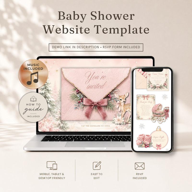 Pink Christmas Baby Shower Website Invitation with RSVP BS325