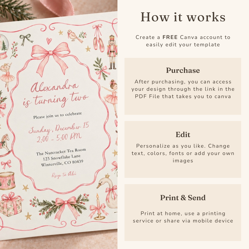 Pink Christmas Nutcracker Birthday Invitation L183