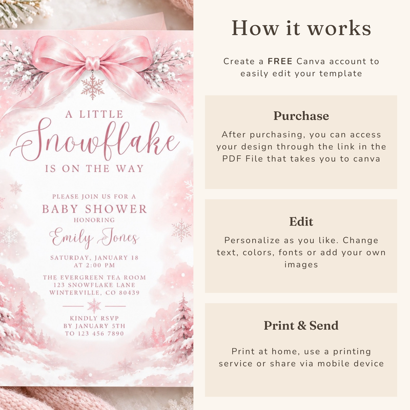 Pink Snowflake Baby Shower Invitation BS337