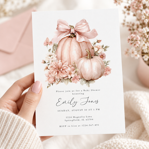Pink Pumpkin Bow Baby Shower Invitation BS233