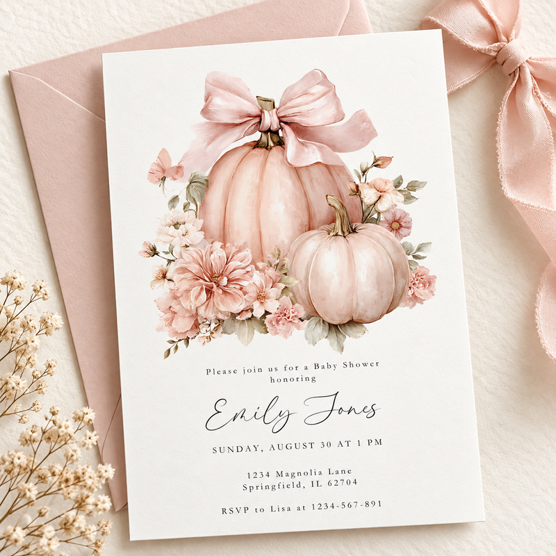 Pink Pumpkin Bow Baby Shower Invitation BS233