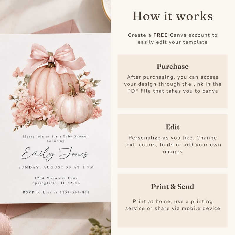 Pink Pumpkin Bow Baby Shower Invitation BS233