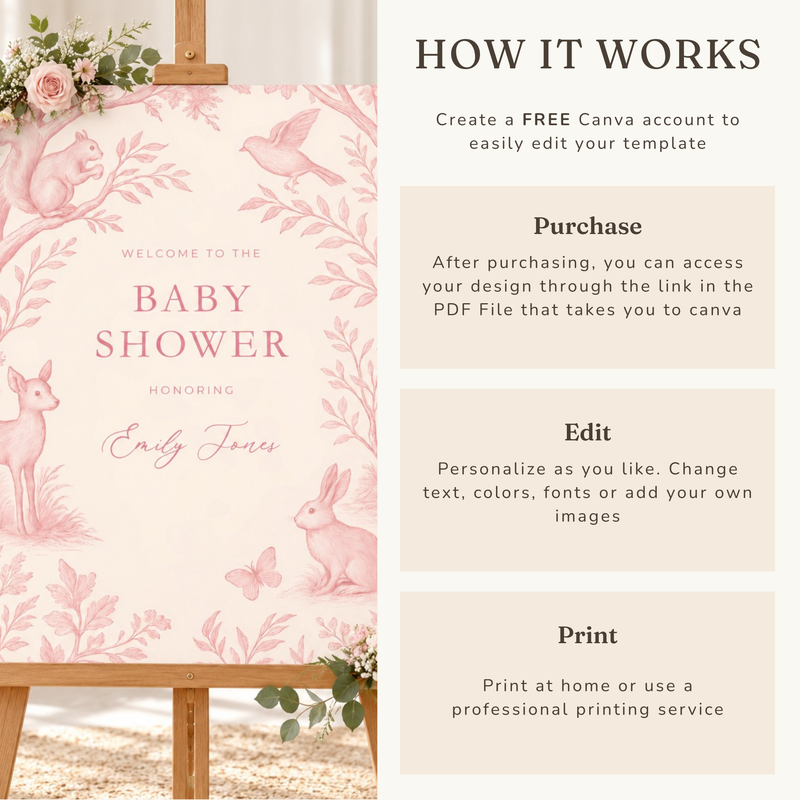 Pink Woodland Toile Baby Shower Welcome Sign BS255