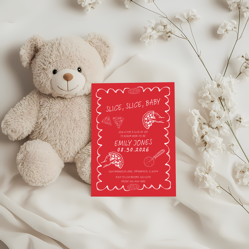 Baby Shower Invitation - Slice Slice Baby Pizza Theme Red BS94