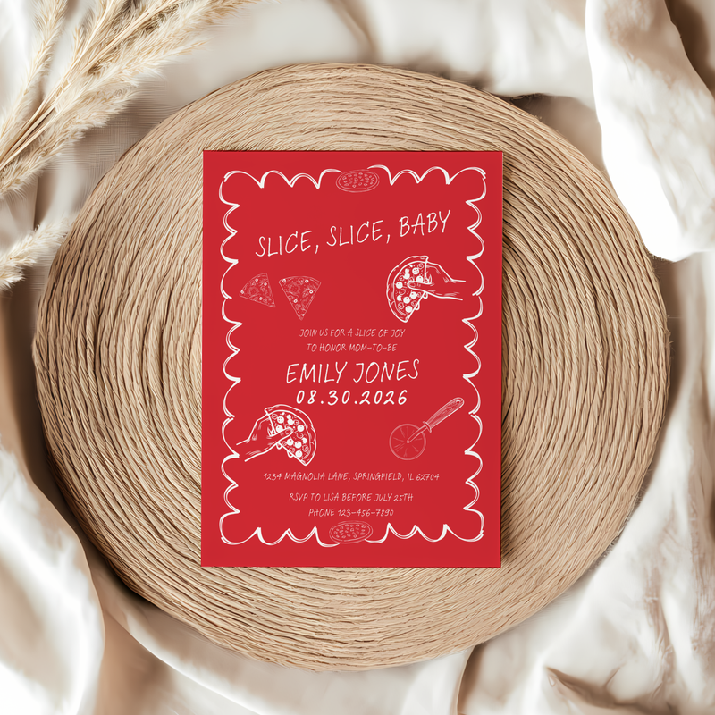 Baby Shower Invitation - Slice Slice Baby Pizza Theme Red BS94
