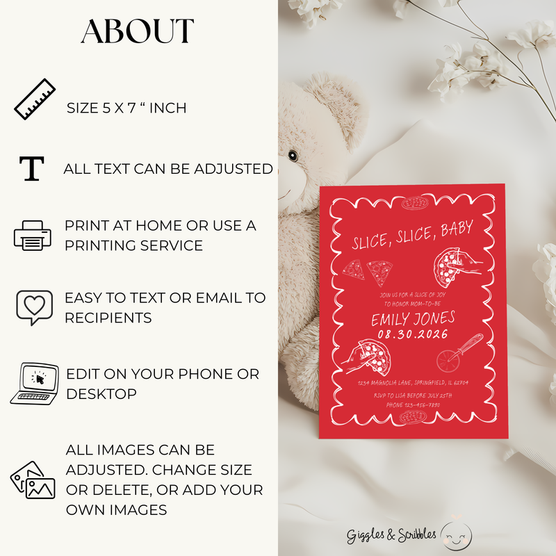 Baby Shower Invitation - Slice Slice Baby Pizza Theme Red BS94