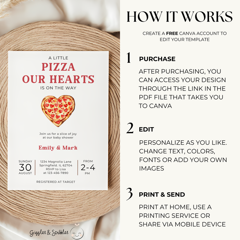 Baby Shower Invitation - A Little Pizza Our Hearts Pizza Theme BS95