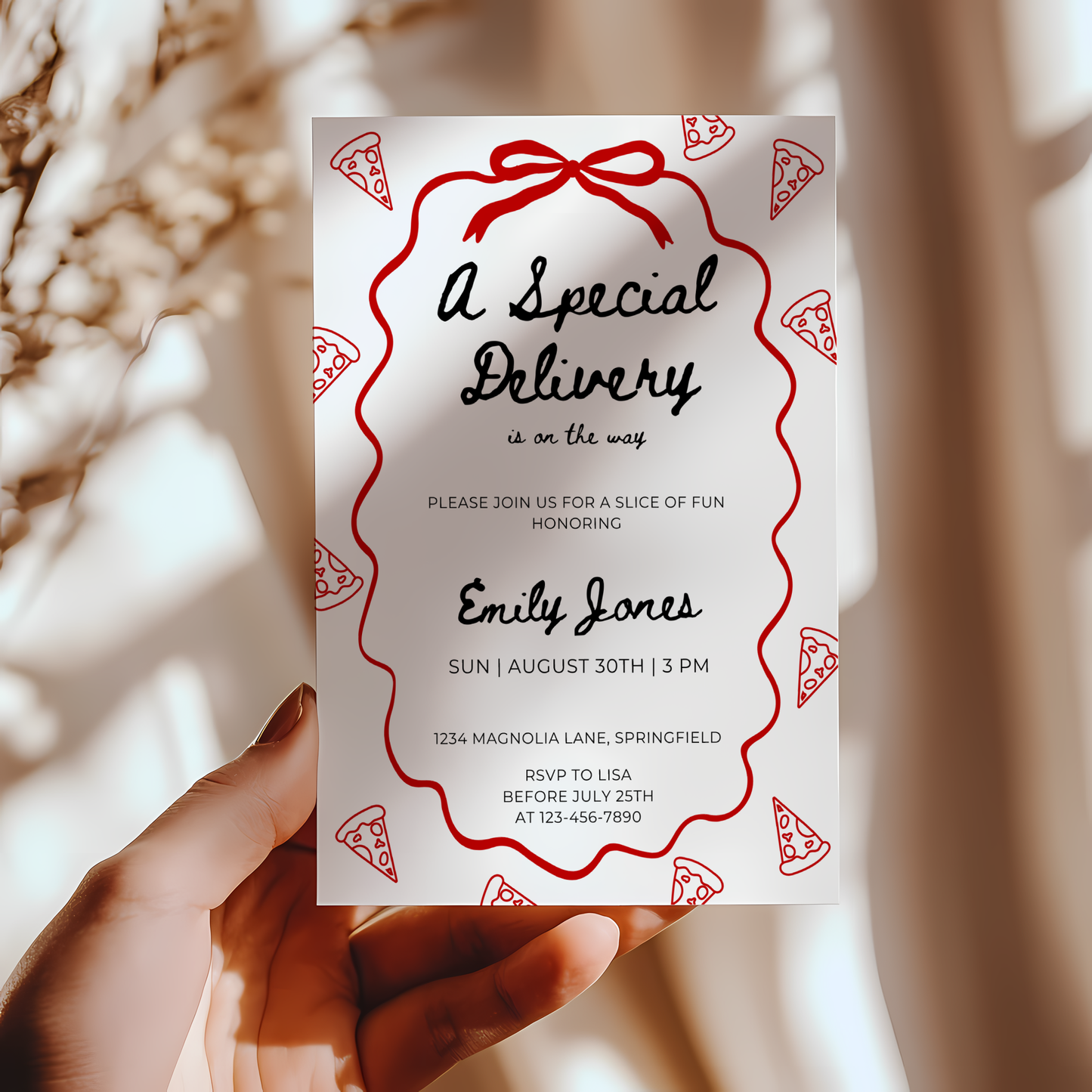 Baby Shower Invitation - Special Delivery Pizza and Pacifiers BS137