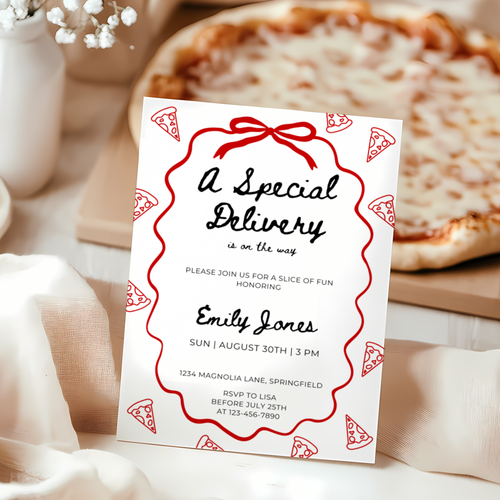 Baby Shower Invitation - Special Delivery Pizza and Pacifiers BS137
