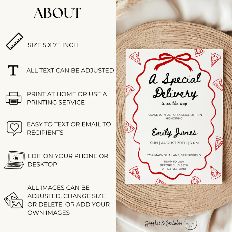 Baby Shower Invitation - Special Delivery Pizza and Pacifiers BS137