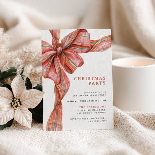 Editable Christmas Plaid Bow Christmas Party Invitation L56