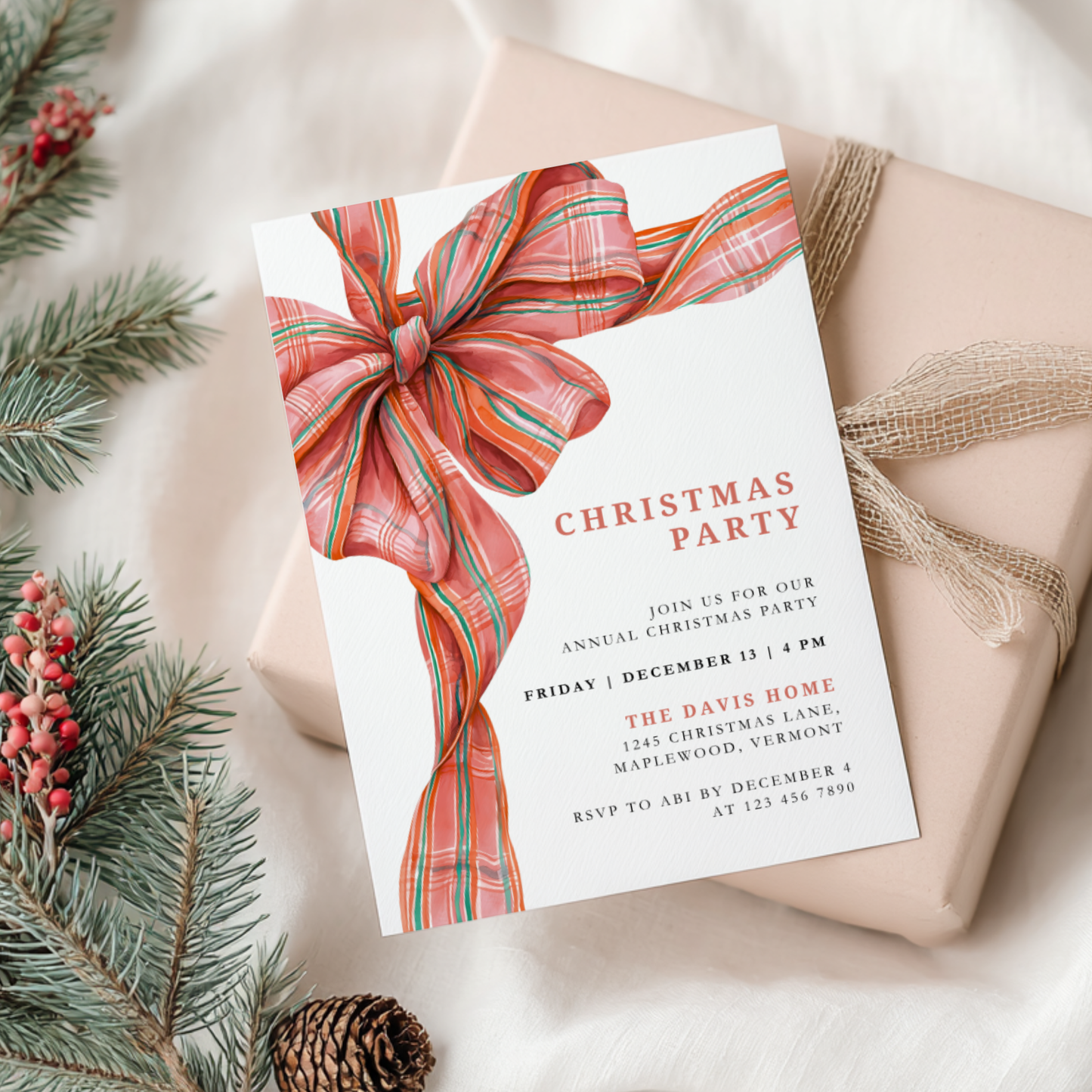 Editable Christmas Plaid Bow Christmas Party Invitation L56