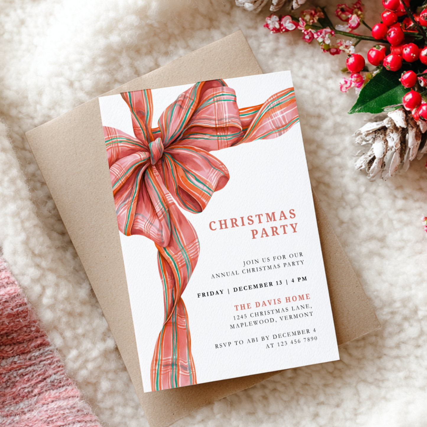 Editable Christmas Plaid Bow Christmas Party Invitation L56