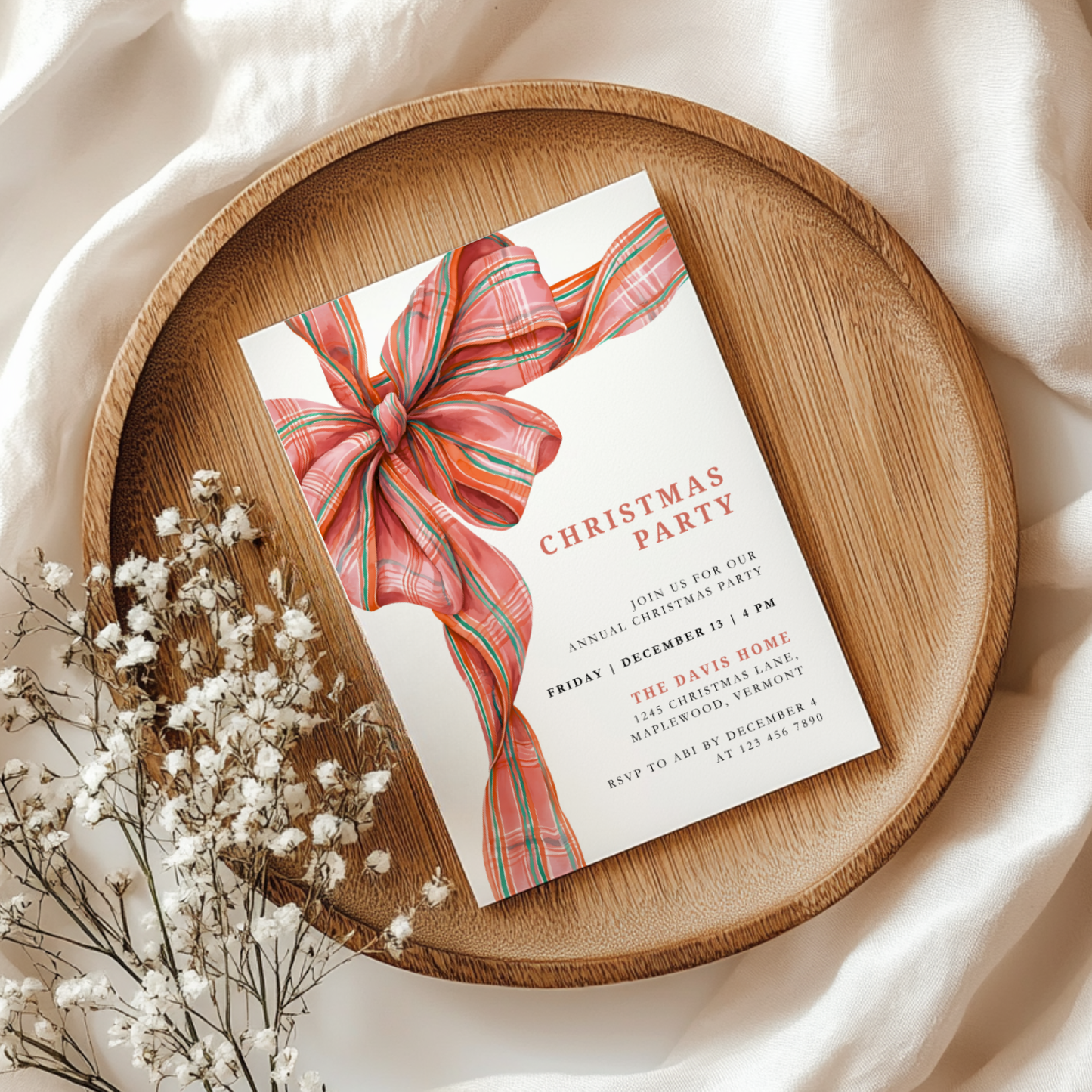 Editable Christmas Plaid Bow Christmas Party Invitation L56