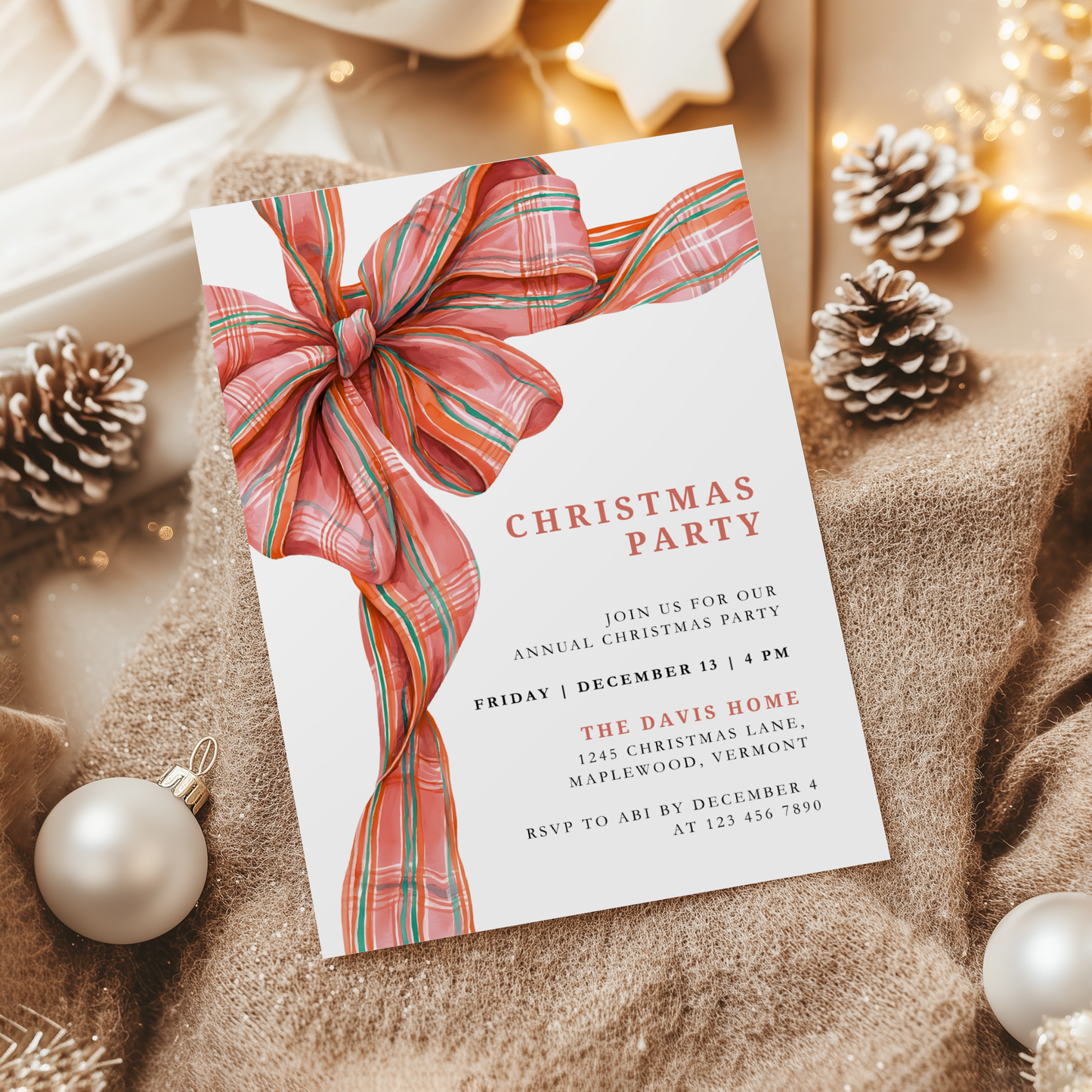 Editable Christmas Plaid Bow Christmas Party Invitation L56