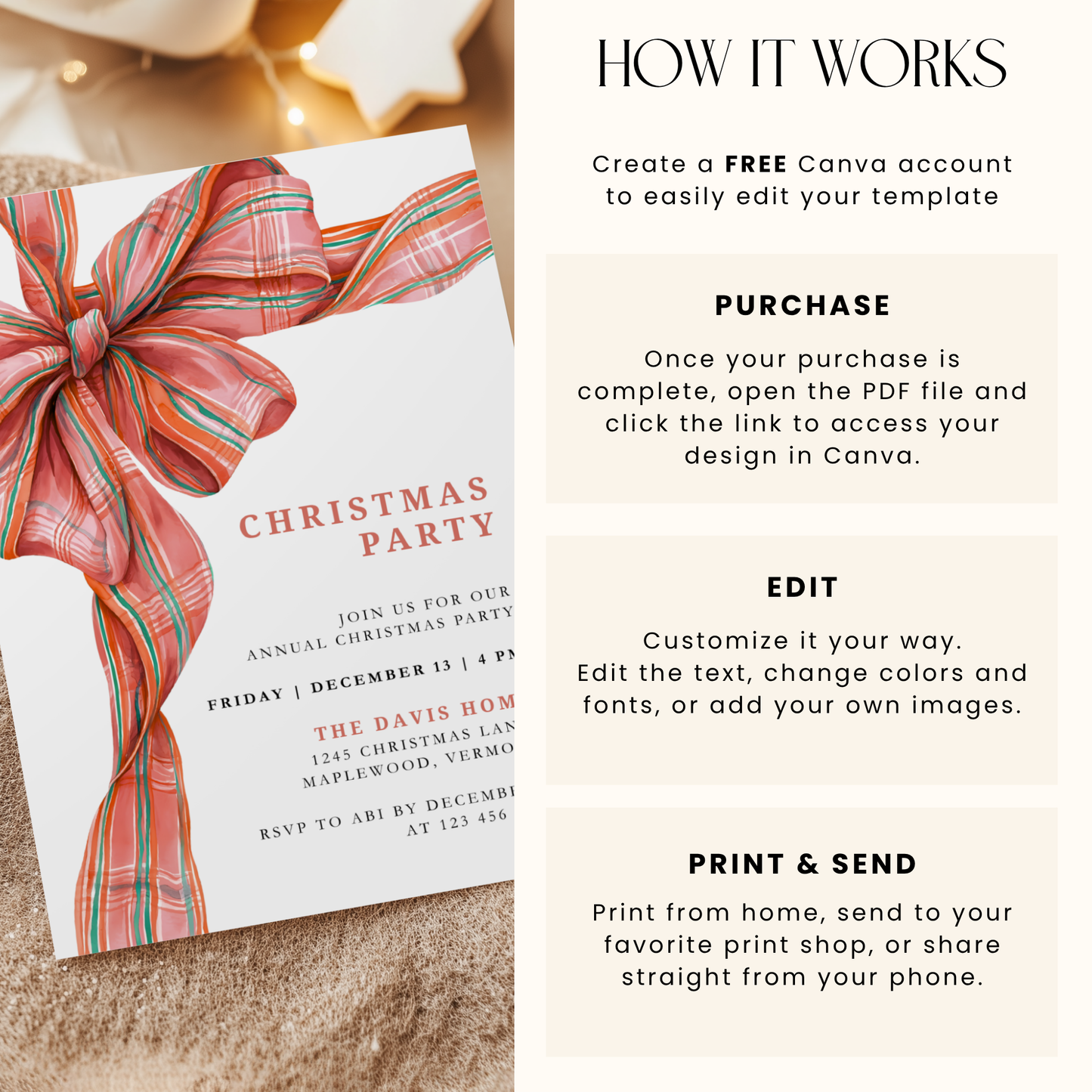 Editable Christmas Plaid Bow Christmas Party Invitation L56