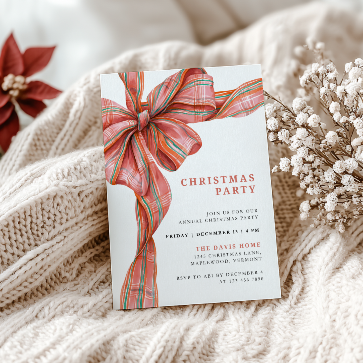 Editable Christmas Plaid Bow Christmas Party Invitation L56