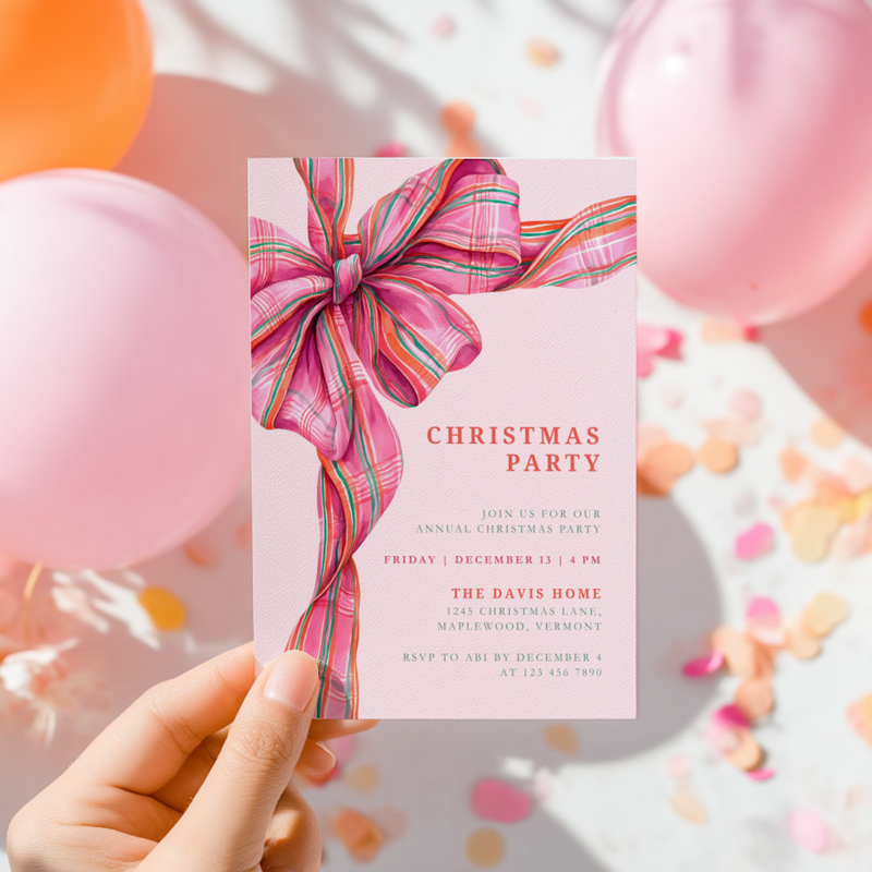 Pink Christmas Plaid Bow Christmas Party Invitation L56