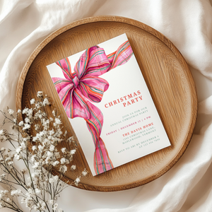 Pink Christmas Plaid Bow Christmas Party Invitation L56