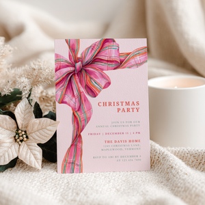 Pink Christmas Plaid Bow Christmas Party Invitation L56