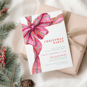 Pink Christmas Plaid Bow Christmas Party Invitation L56