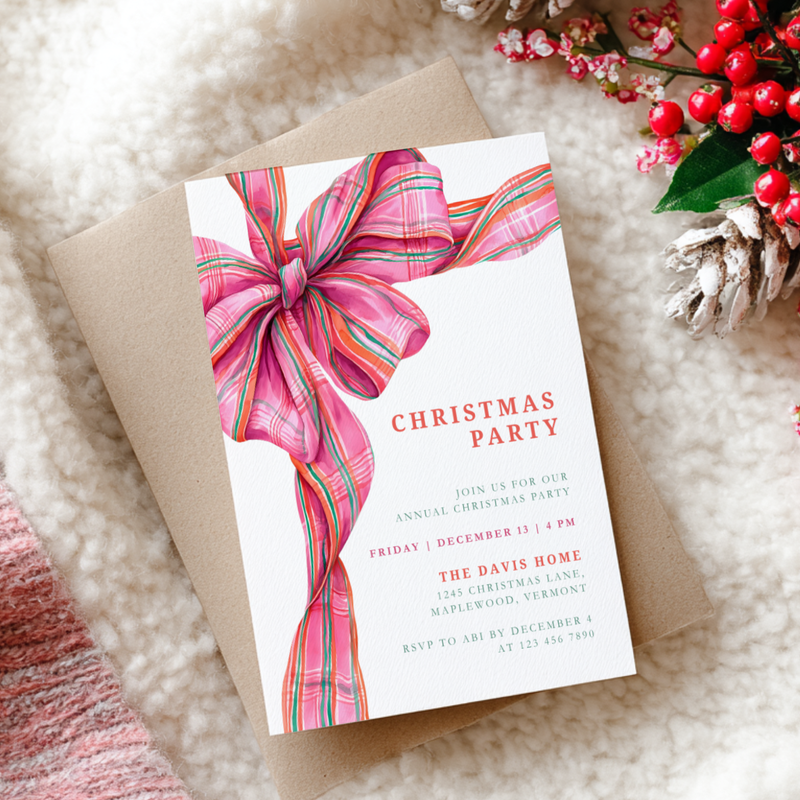 Pink Christmas Plaid Bow Christmas Party Invitation L56
